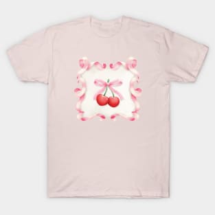 Coquette Aesthetic Girly Pink Ribbon Bow Cherry T-Shirt